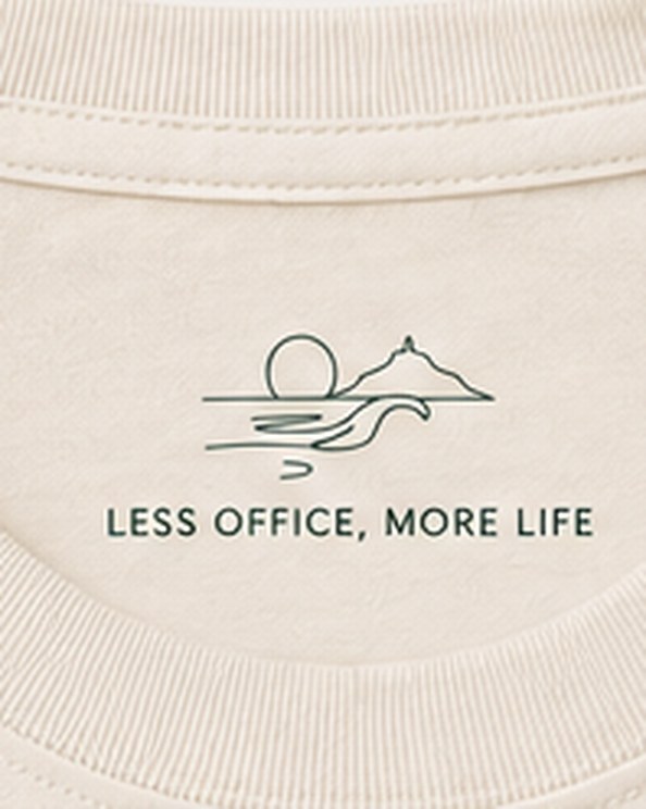 Inside the neck: a line drawing of the sun and the headland above the words Less office, more life